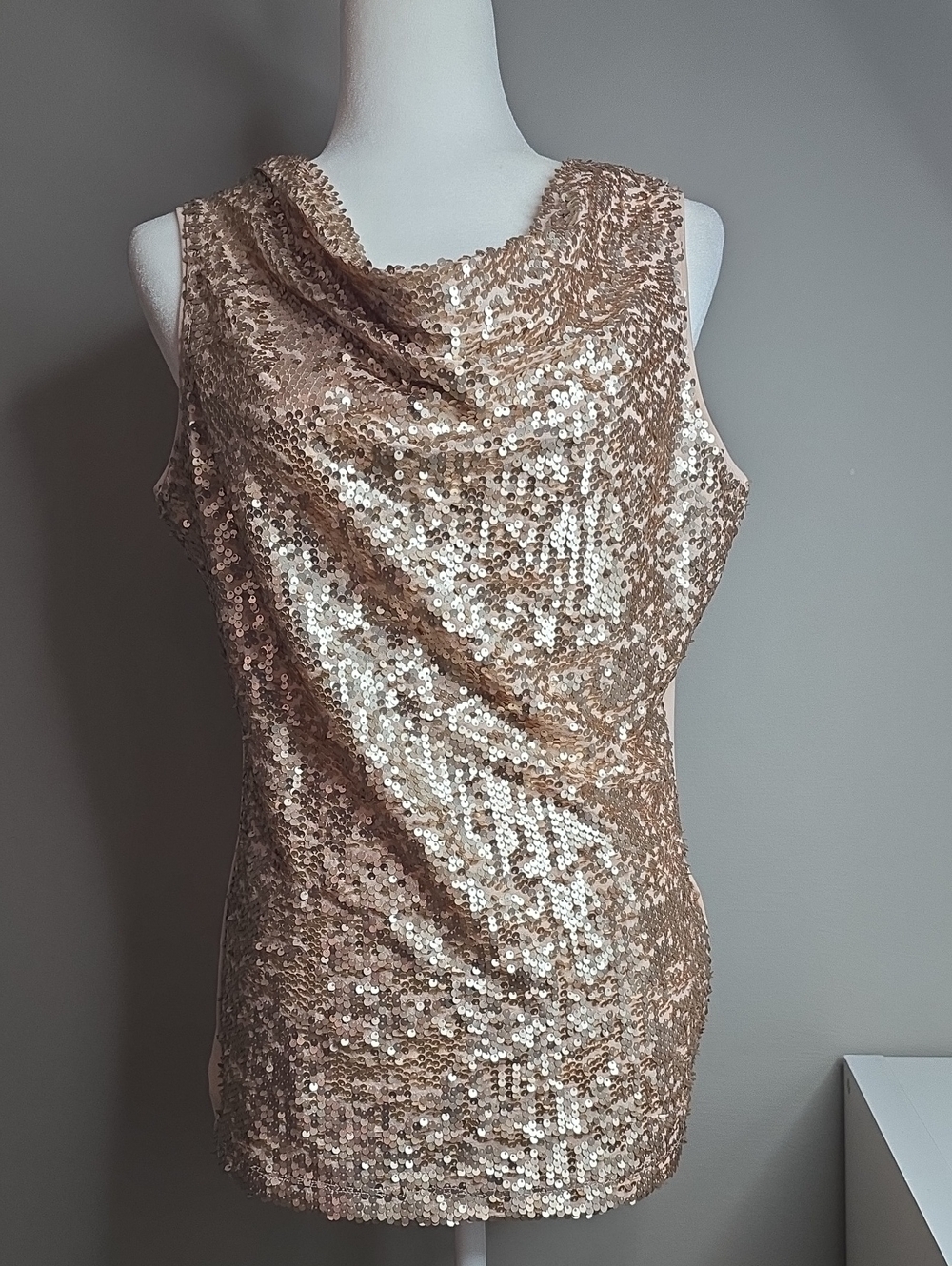Calvin Klein Rose Gold Sequin Strapless Look Cowl Neck Dress